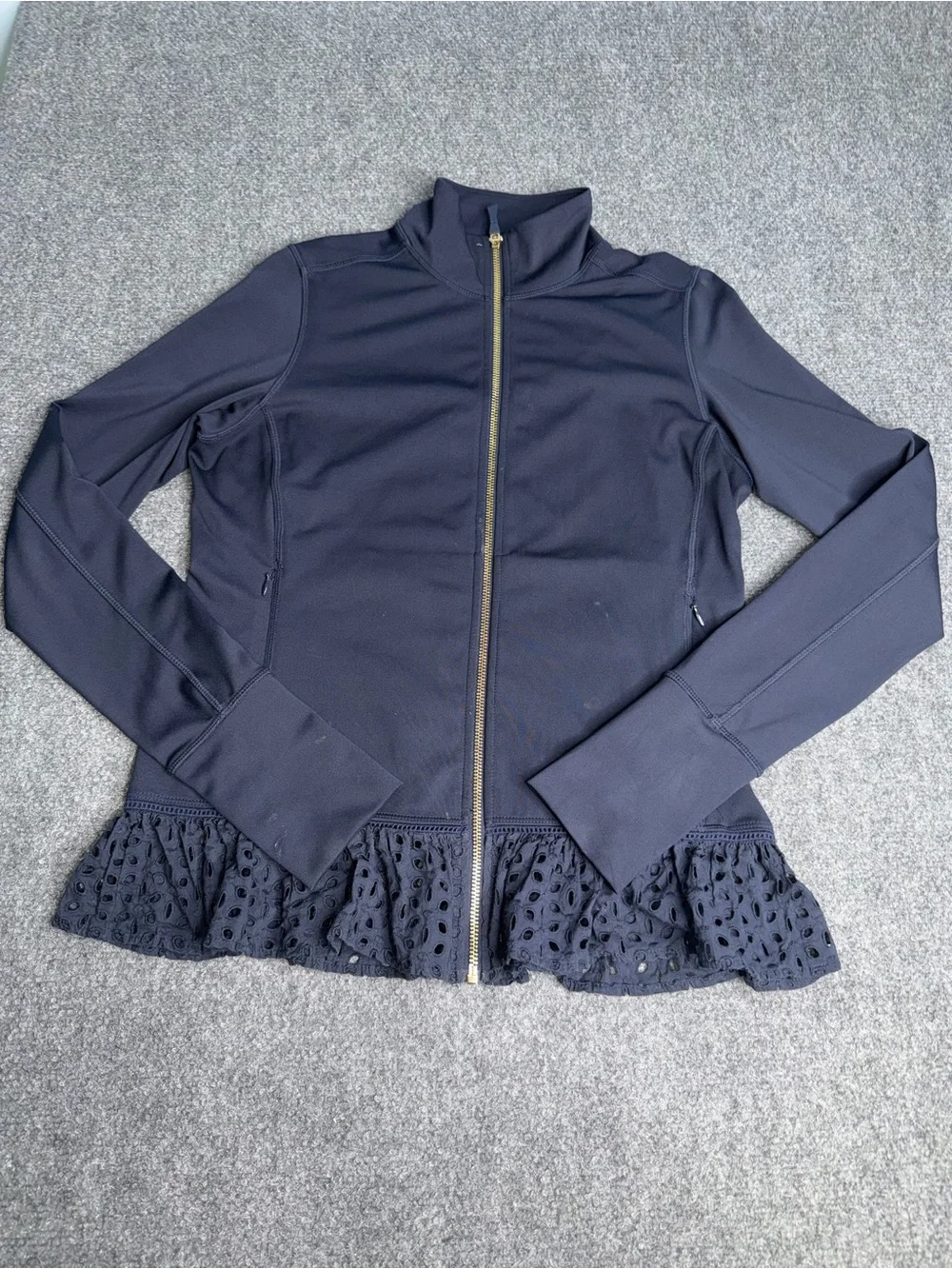 KATE SPADE ♠️ Womens Navy Full-Zip Jacket with Laser-Cut Peplum